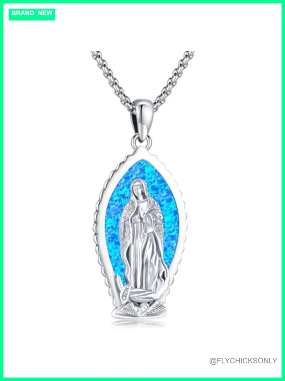 925 Sterling Silver Our Lady of Guadalupe Pendant Necklace with Blue Opal